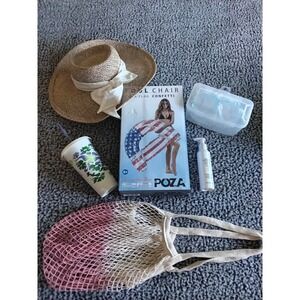 Summer Beach Bundle POZA USA Pool Float Straw Hat Mesh Bag Body Oil Goggles Cup